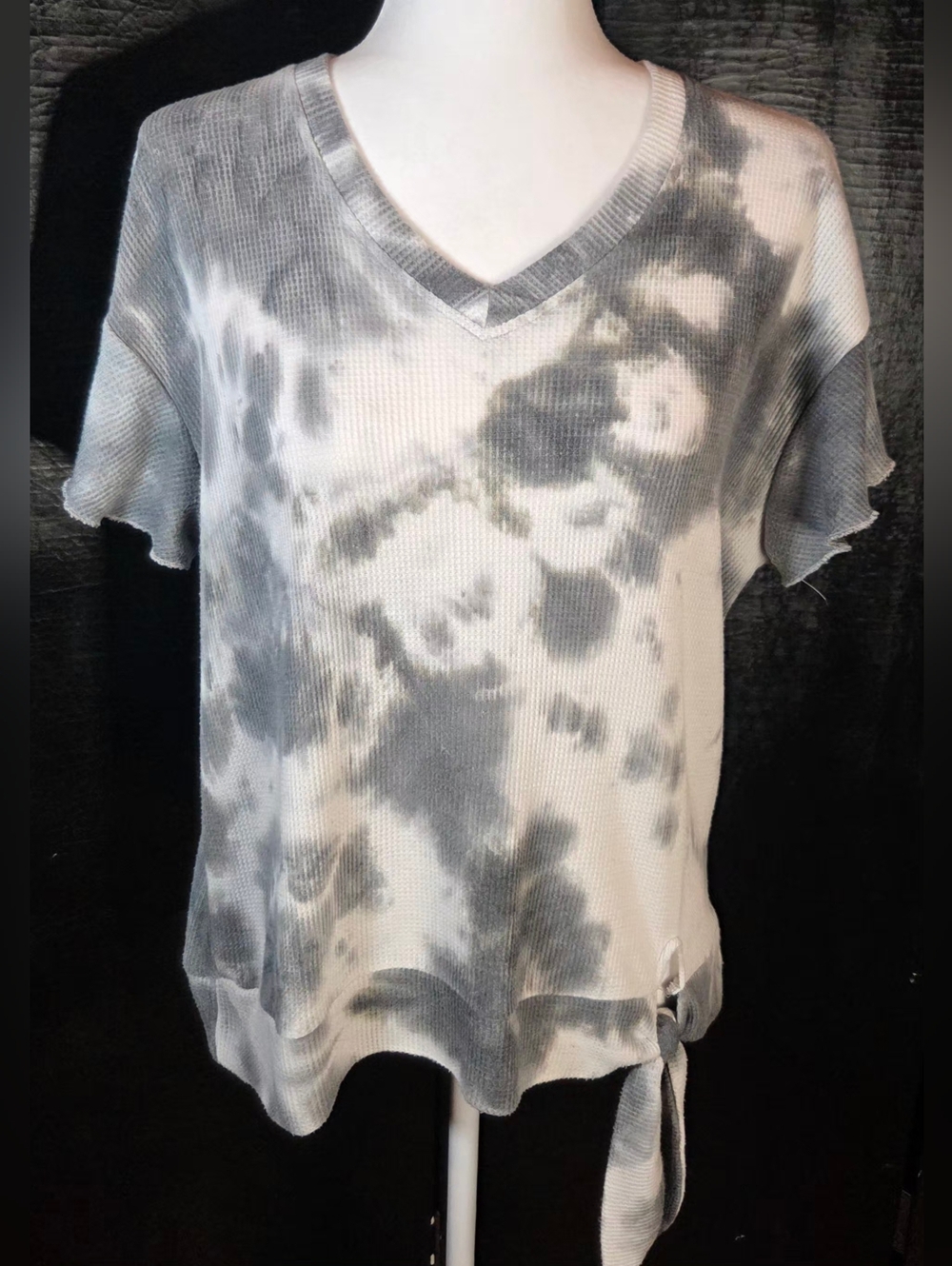 Liver Wear Gray White Tie-Dye Waffle Knit Tunic V-Neck Cap Sleeve Tie-Side Med